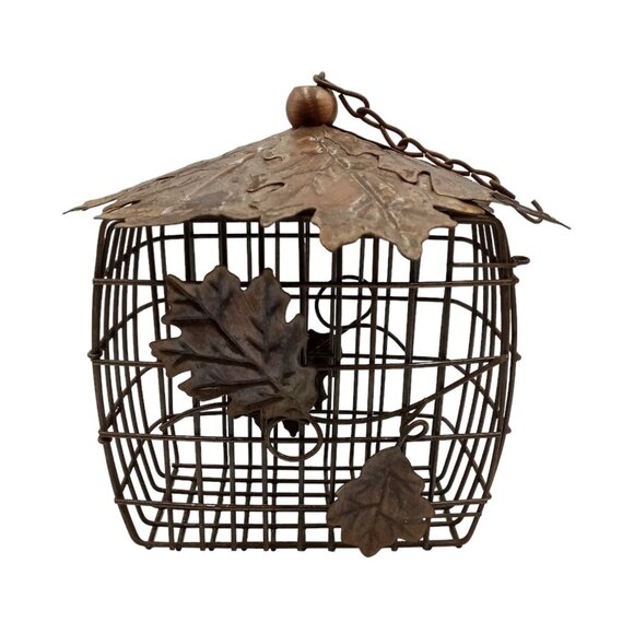 Large Wire Bird Feeder Wire Barrier Guard With Leaves Lid and Side Decor Chain - Picture 1 of 13